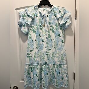 Floral Ruffle Midi Dress in Blue and Green